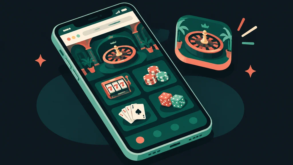 Flat isometric illustration of a phone browsing a casino site