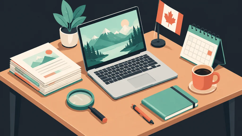 Flat isometric editorial desk with research tools