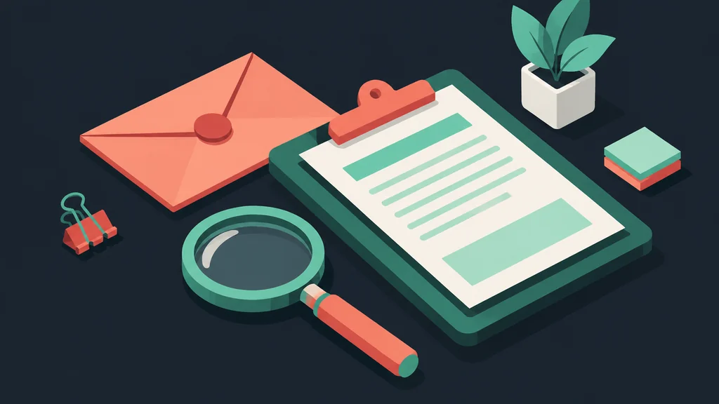 An isometric desk with a sealed envelope and magnifying glass