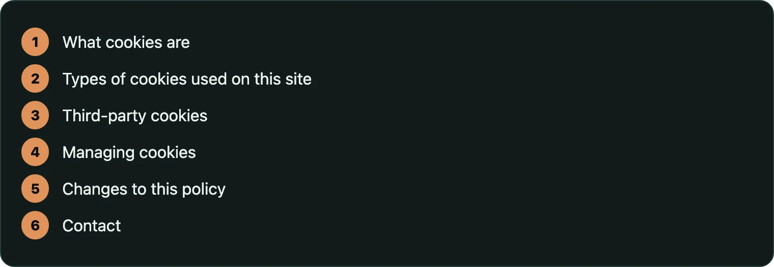 Steps showing sections of the cookie policy page