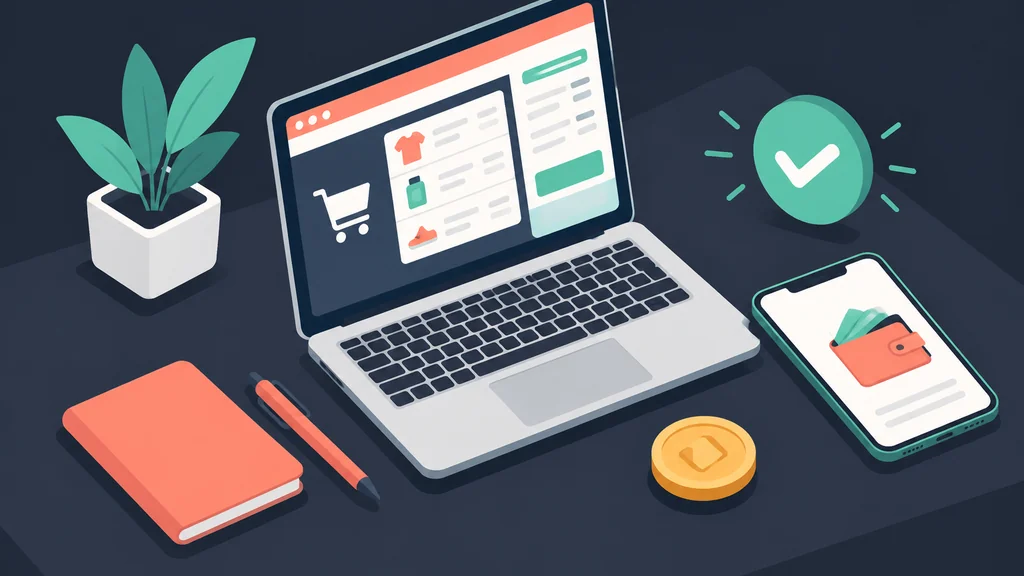 Isometric desk scene with laptop phone and coin
