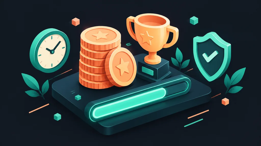 Isometric coins progress bar trophy clock and shield