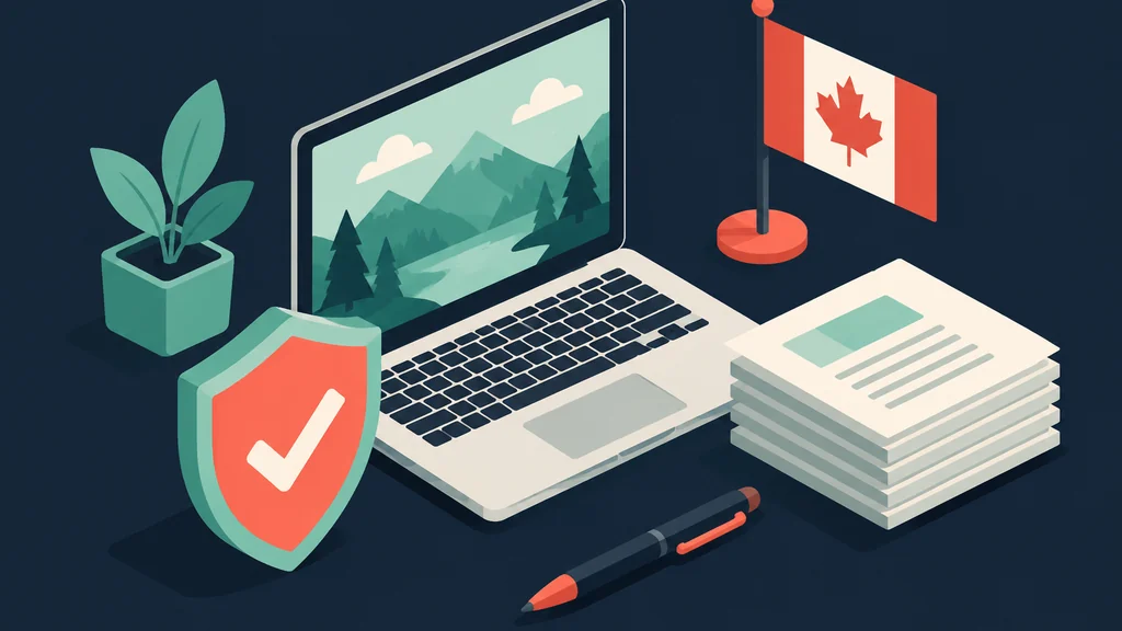 Flat isometric scene of a laptop, shield, documents, and flag