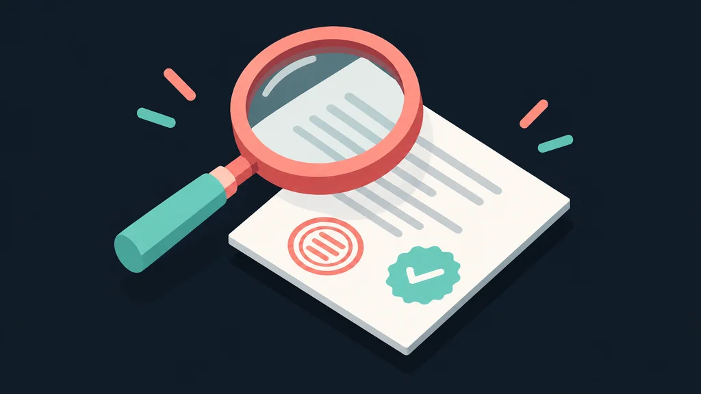 Isometric magnifying glass over stamped official document with checkmark seal