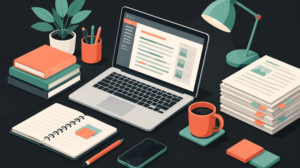 Isometric publisher desk with laptop and documents