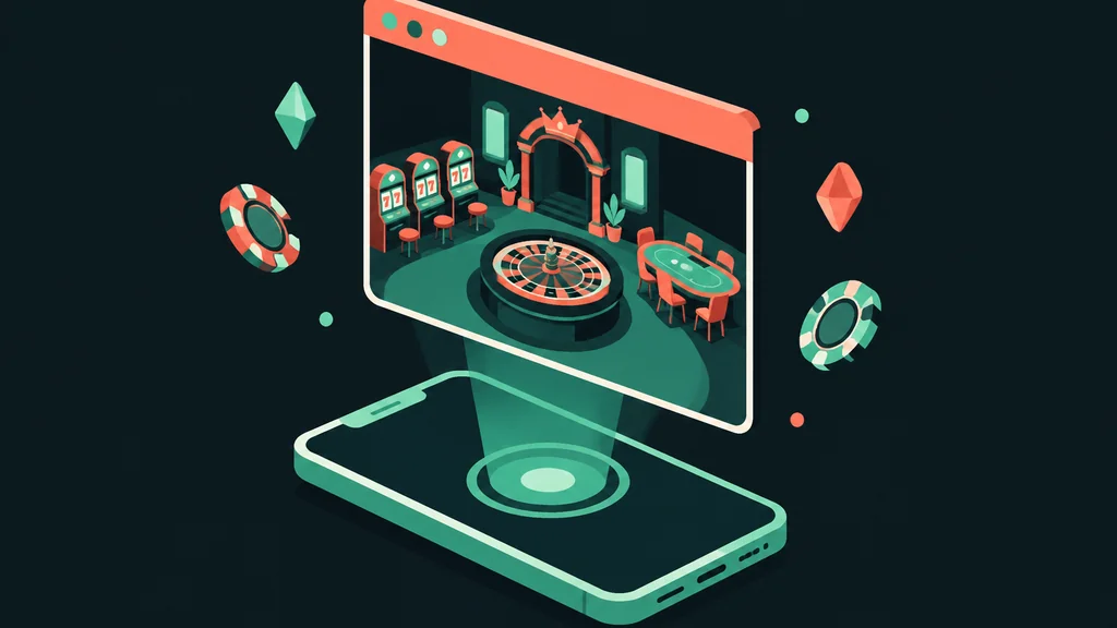 Isometric phone with browser icon and casino lobby