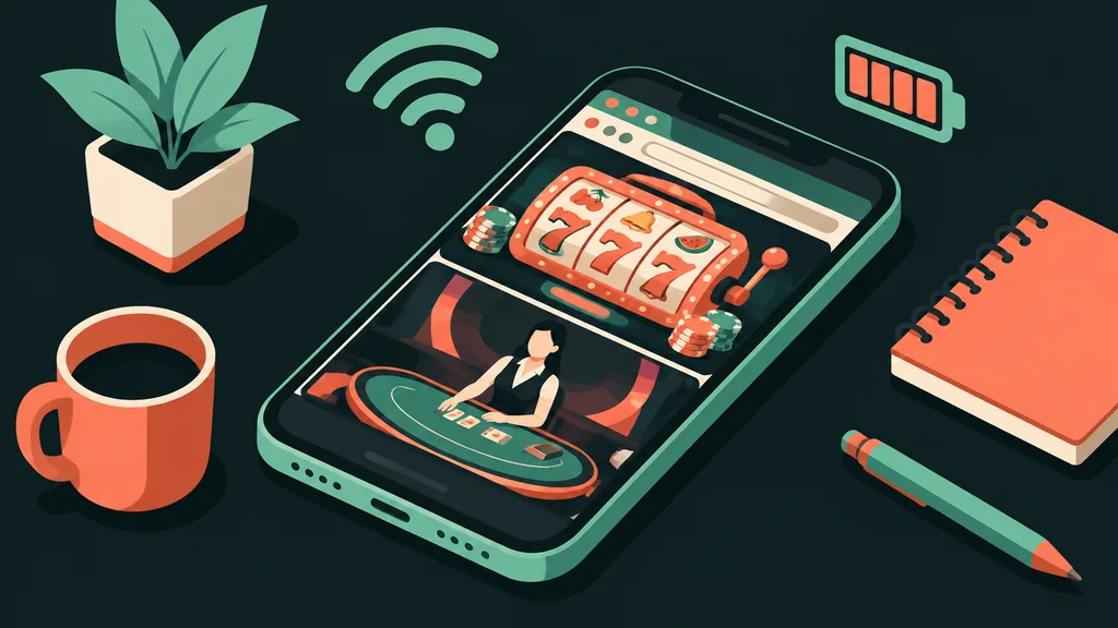 Isometric phone displaying casino games and connectivity icons