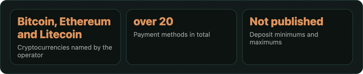 Three tiles showing named coins, payment method count, unpublished limits