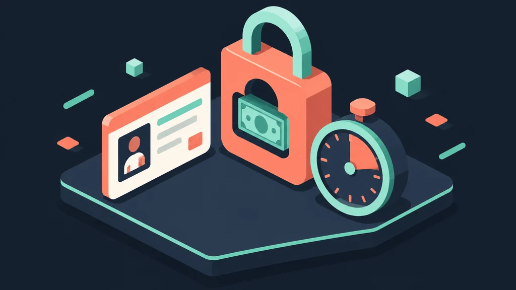 Isometric ID card, locked banknote, and countdown timer