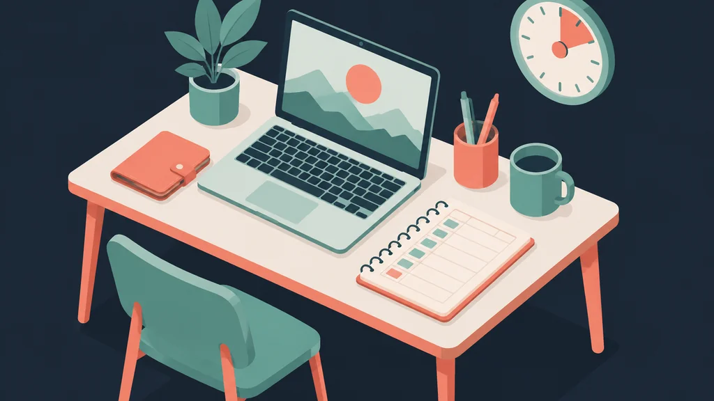 Isometric scene of a desk with laptop wallet and clock