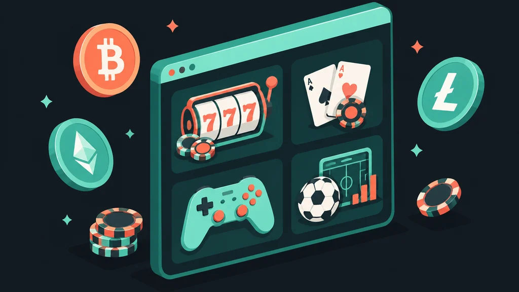 Isometric crypto casino browser with coins and game icons