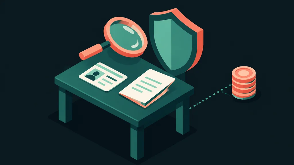 Isometric desk with ID card and magnifying glass